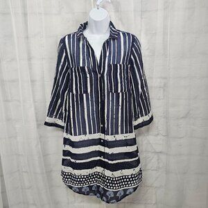 David Blue Striped Seashell Tunic Mini Dress Sheer Beach Nautical Gauzy M